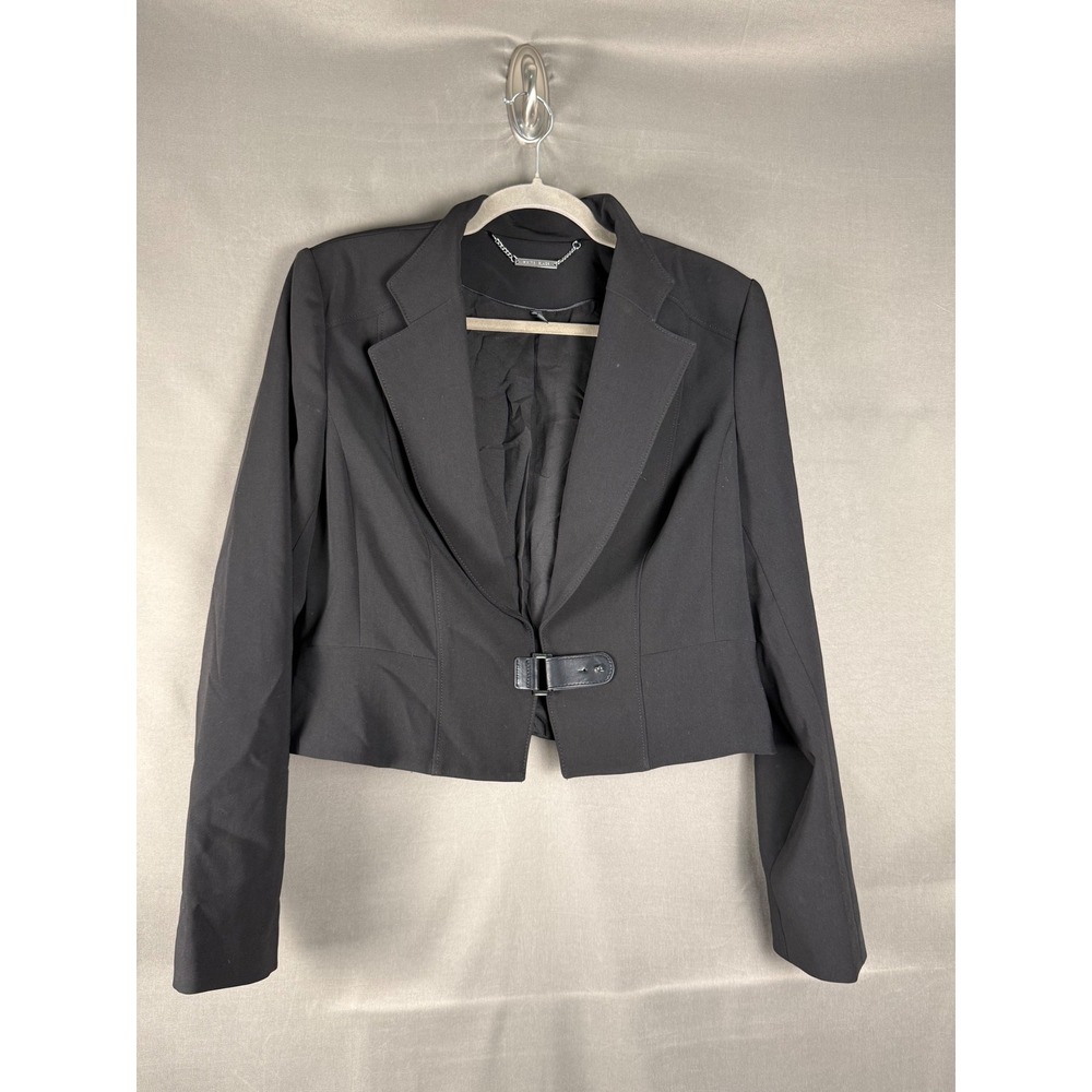 White House Black Market Blazer Womens 12 Black Cropped Faux Leather Buckle Tab